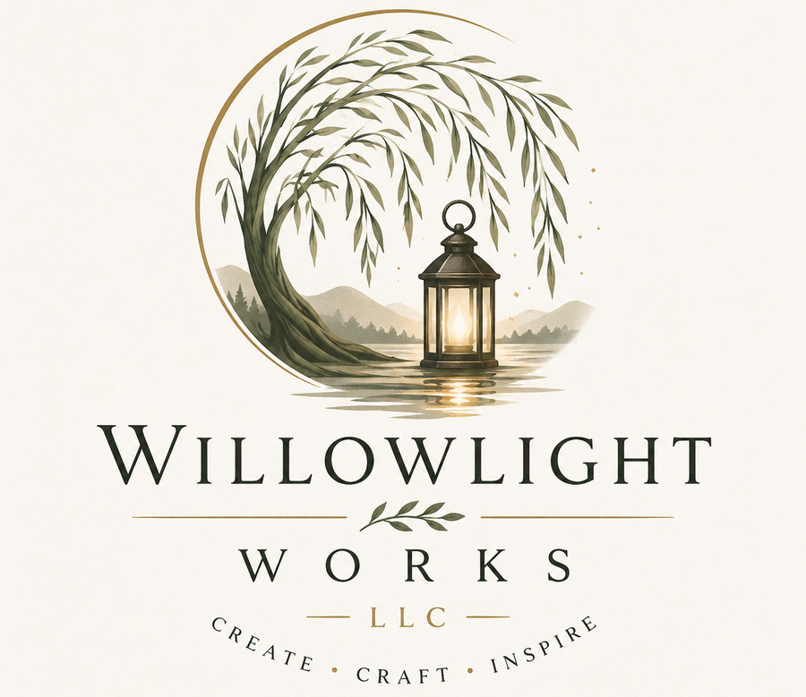 Willowlight Works LLC logo — a weeping willow arching over a glowing lantern on still water